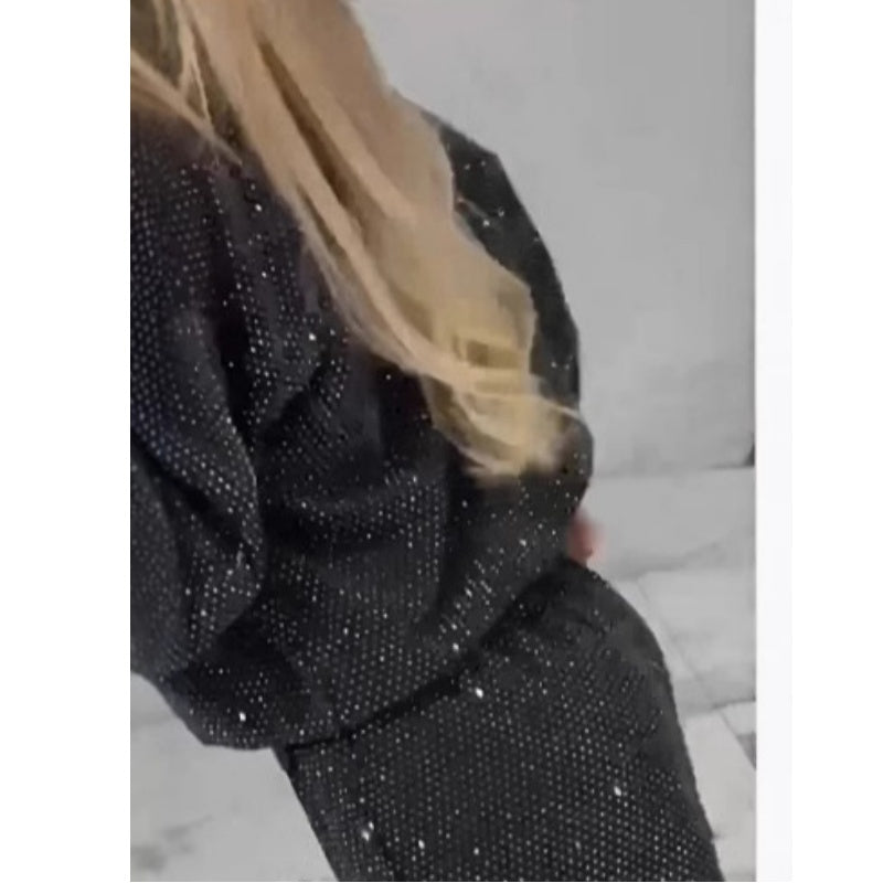 Sequined Loose Fit Top and Wide Leg Pants Two-Piece Set