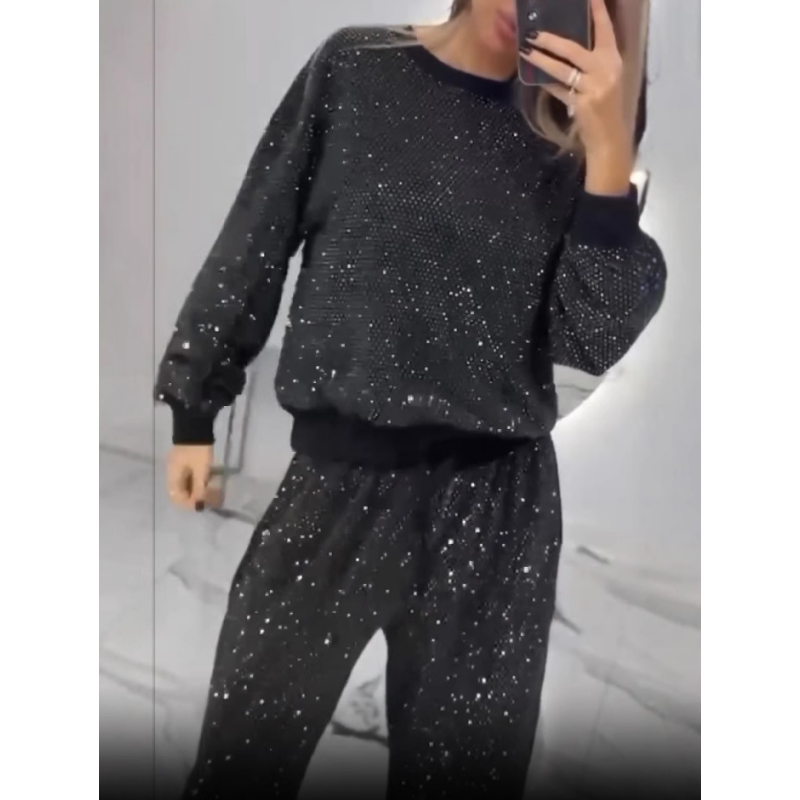 Sequined Loose Fit Top and Wide Leg Pants Two-Piece Set