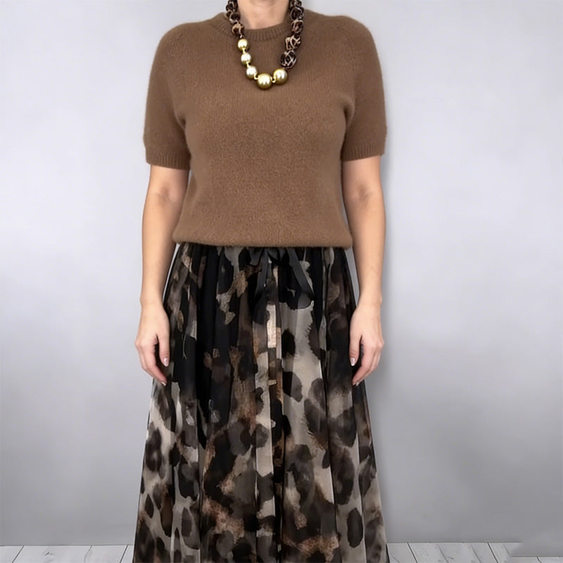 ✨ Effortless Elegance | Women's Knit Top & Leopard Flowy Skirt 2-Piece Set