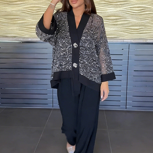 Women's V-Neck Sequin Cardigan & Wide-Leg Pants 2-Piece Set