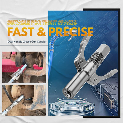 🔧 LIMITED-TIME 50% OFF! ✨ High-Pressure Grease Gun Coupler – Dual Handle, Secure Lock, Universal Fit ⚙️