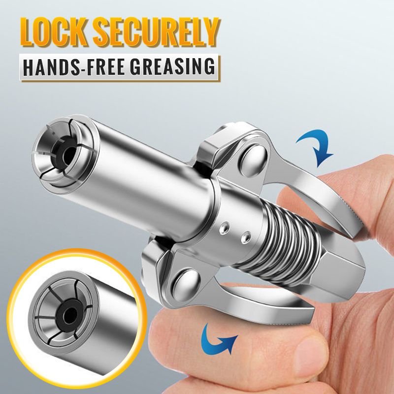 🔧 LIMITED-TIME 50% OFF! ✨ High-Pressure Grease Gun Coupler – Dual Handle, Secure Lock, Universal Fit ⚙️