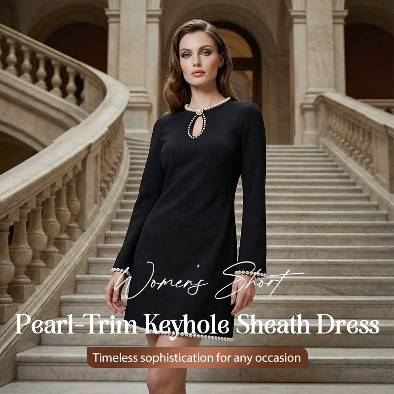🔥 60% OFF! ✨ Women’s Short Faux Pearl-Trim Keyhole Sheath Dress – Slim-Fit Elegance with Flared Sleeves & Timeless Black 💎🖤