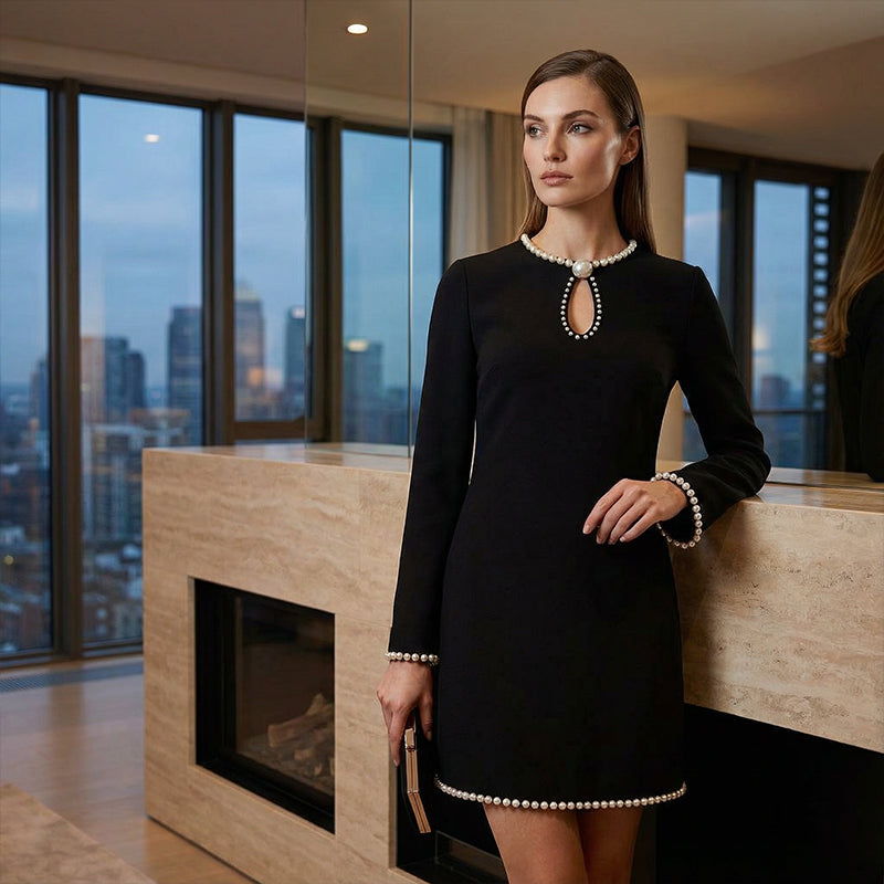 🔥 60% OFF! ✨ Women’s Short Faux Pearl-Trim Keyhole Sheath Dress – Slim-Fit Elegance with Flared Sleeves & Timeless Black 💎🖤