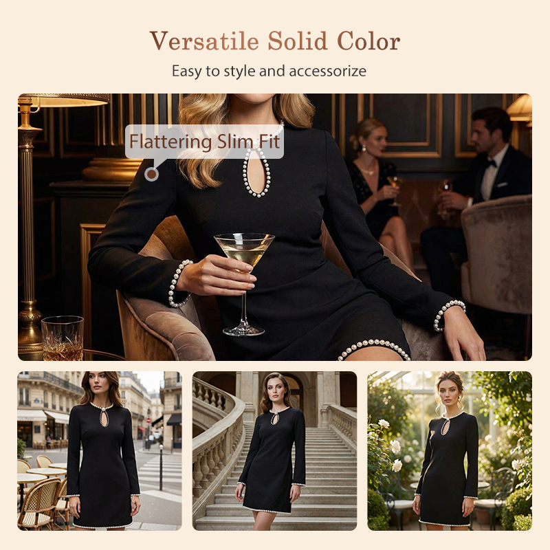 🔥 60% OFF! ✨ Women’s Short Faux Pearl-Trim Keyhole Sheath Dress – Slim-Fit Elegance with Flared Sleeves & Timeless Black 💎🖤