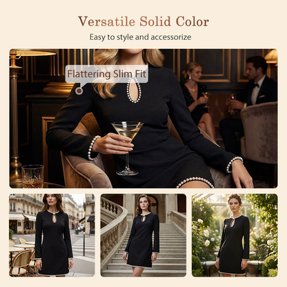 🔥 60% OFF! ✨ Women’s Short Faux Pearl-Trim Keyhole Sheath Dress – Slim-Fit Elegance with Flared Sleeves & Timeless Black 💎🖤