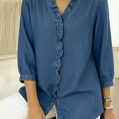 ⏳Time-Limited Special⏰Women's Casual Ruffle V-Neck Shirt | Soft, Breathable & Flattering High-Low Hem ✨