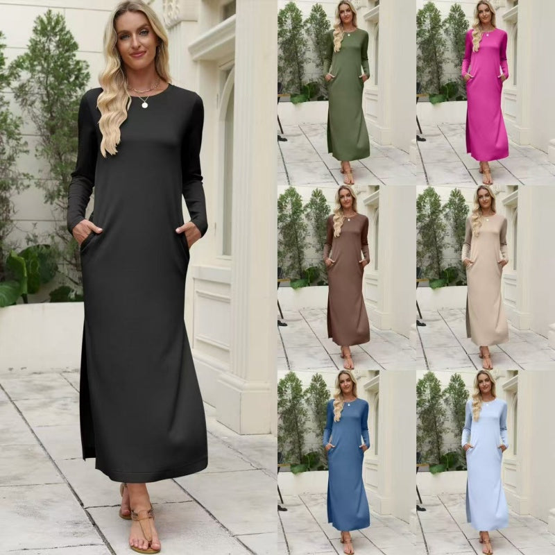 📢 60% OFF!! ⏰ Women's Long Sleeve T-Shirt Maxi Dress – Side Pockets, Side Slit & 7 Versatile Colors for Effortless Style! 🌸