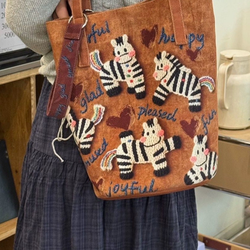 💖Embroidered Zebra Canvas Tote Bag