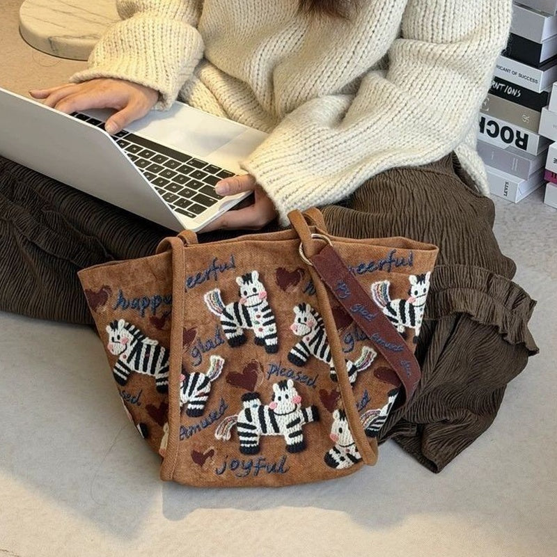 💖Embroidered Zebra Canvas Tote Bag