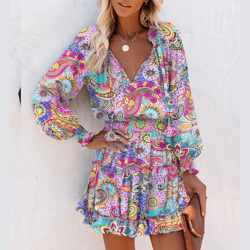 🌸 50% OFF! Women's V-Neck Long Sleeve Ruffle Hem Mini Dress