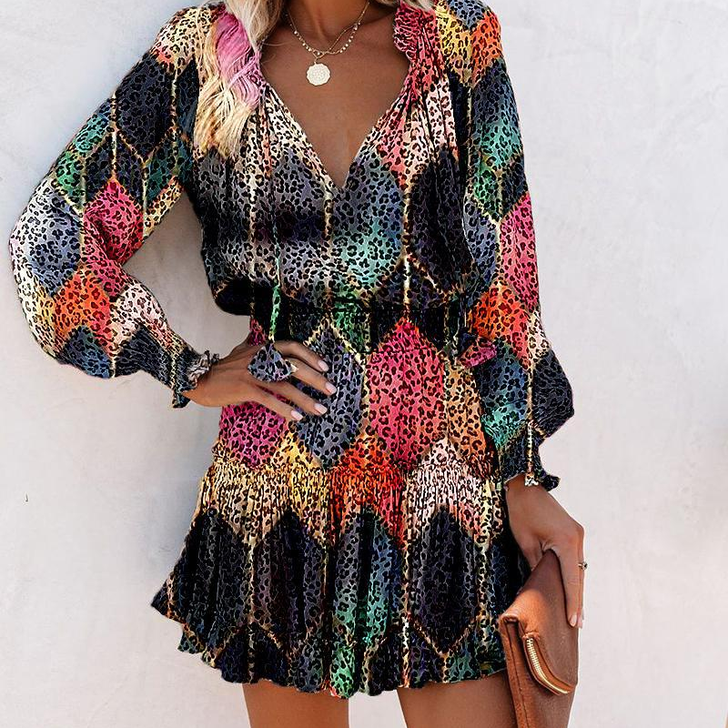 🌸 50% OFF! Women's V-Neck Long Sleeve Ruffle Hem Mini Dress