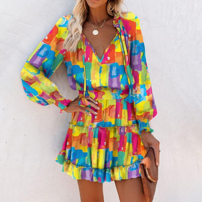 🌸 50% OFF! Women's V-Neck Long Sleeve Ruffle Hem Mini Dress