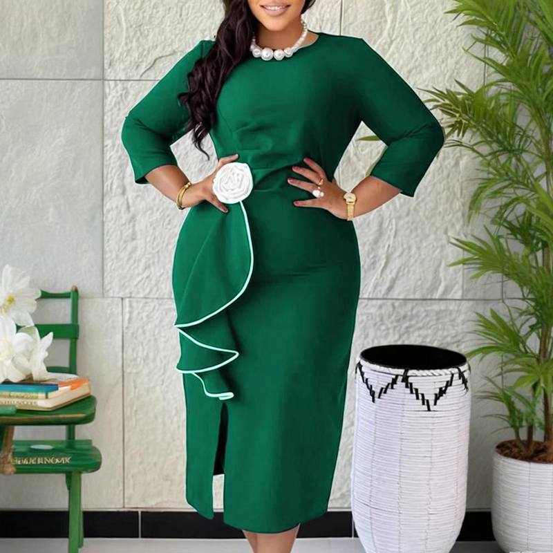 Elegant Round Neck Ruffle Bodycon Dress