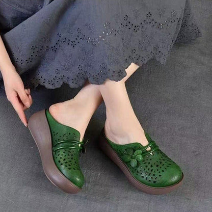 Vintage Floral Hollow-Out Wedge Mules