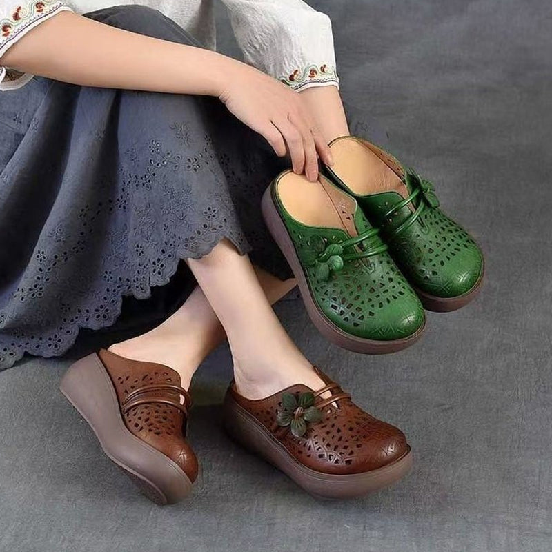Vintage Floral Hollow-Out Wedge Mules