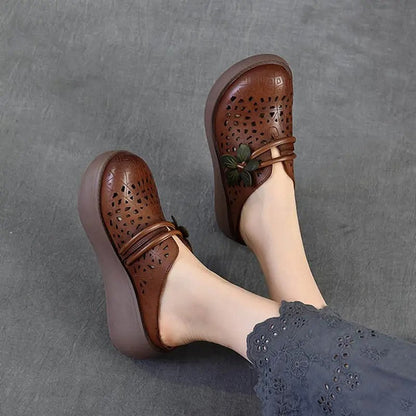 Vintage Floral Hollow-Out Wedge Mules