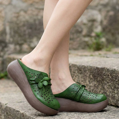 Vintage Floral Hollow-Out Wedge Mules
