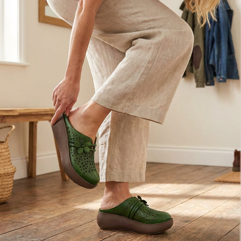 Vintage Floral Hollow-Out Wedge Mules