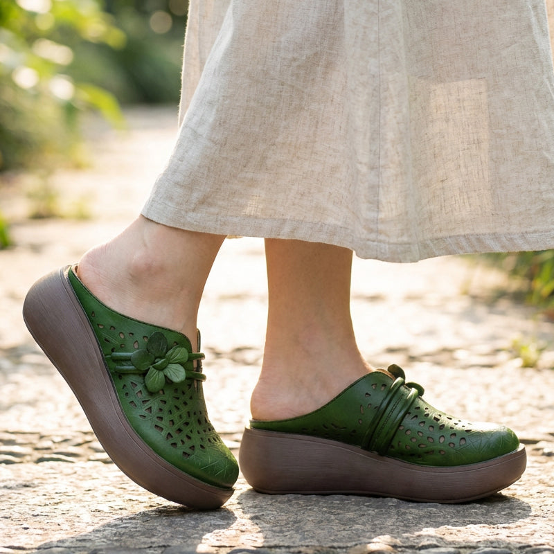 Vintage Floral Hollow-Out Wedge Mules