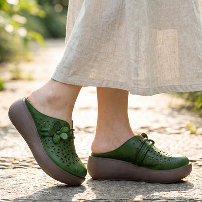 Vintage Floral Hollow-Out Wedge Mules