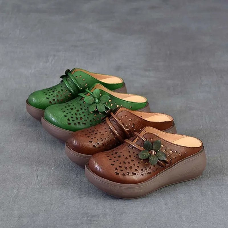 Vintage Floral Hollow-Out Wedge Mules