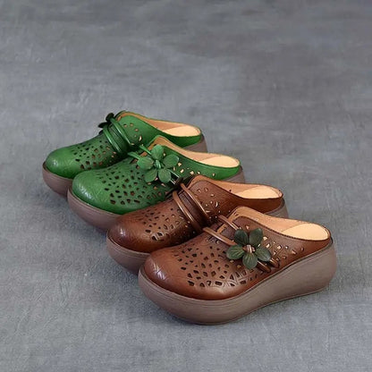 Vintage Floral Hollow-Out Wedge Mules