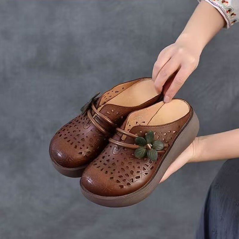 Vintage Floral Hollow-Out Wedge Mules