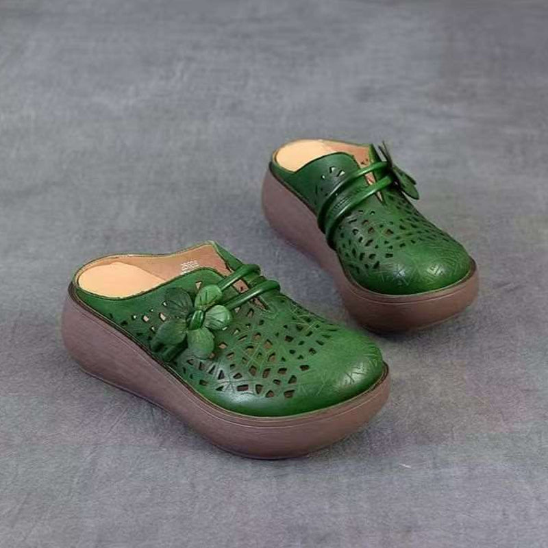 Vintage Floral Hollow-Out Wedge Mules
