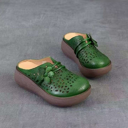 Vintage Floral Hollow-Out Wedge Mules