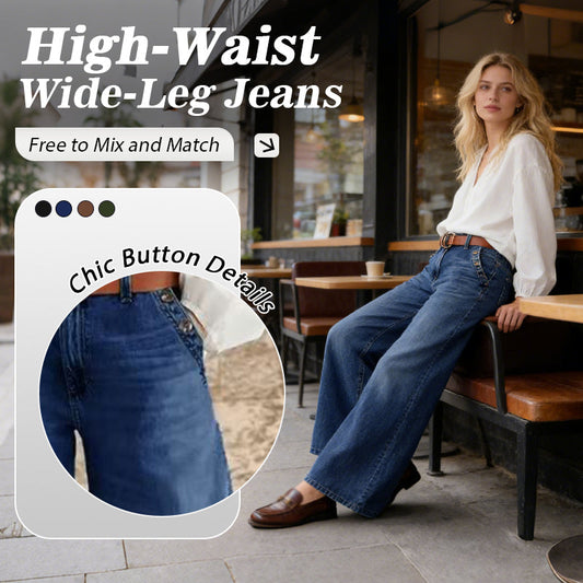💎 60% OFF! 💎 High-Waist Wide-Leg Jeans with Button Detail – Vintage Flair, Premium Washed Denim & Flattering Silhouette 👖✨