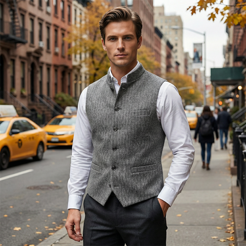 🔥Limited-time offer-Men's Herringbone Waistcoat with Stand Collar