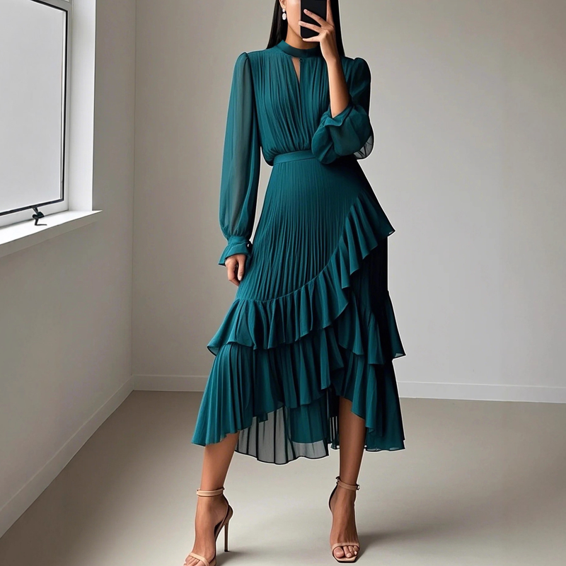 📢📢50% OFF !!!⏰Women's Keyhole Neckline Ruffled Midi Dress
