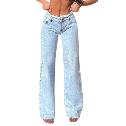 High-Waist Wide-Leg Jeans with Frayed Hem