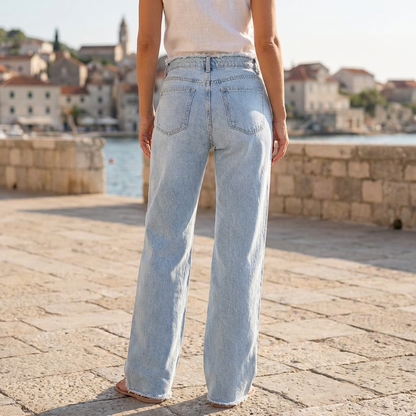 High-Waist Wide-Leg Jeans with Frayed Hem