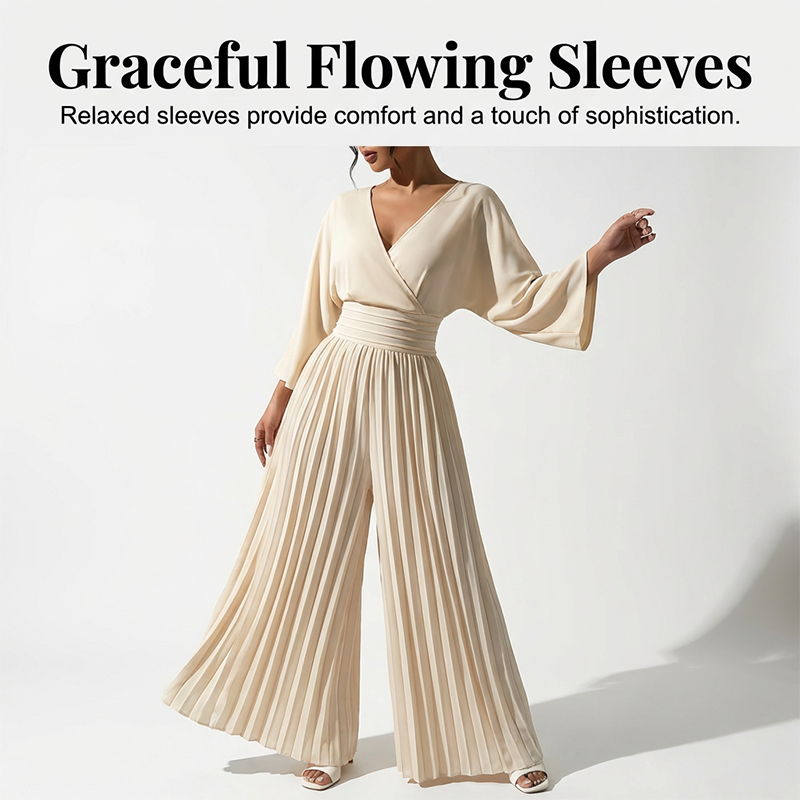 Hot Sale Deals-Elegant V-Neck Pleated Wide-Leg Jumpsuit