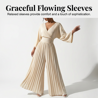Hot Sale Deals-Elegant V-Neck Pleated Wide-Leg Jumpsuit