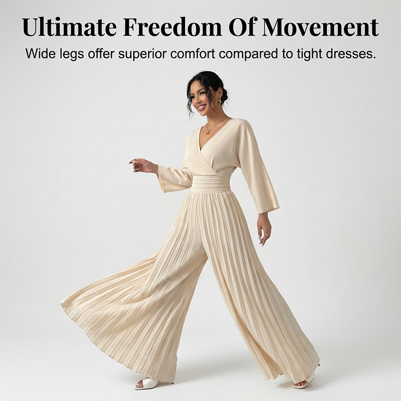 Hot Sale Deals-Elegant V-Neck Pleated Wide-Leg Jumpsuit