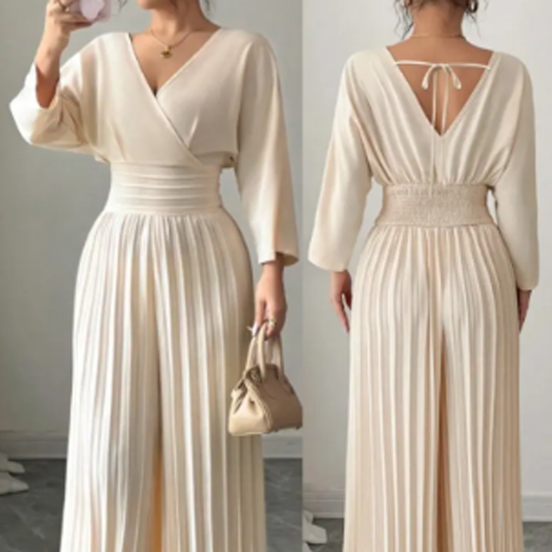 Hot Sale Deals-Elegant V-Neck Pleated Wide-Leg Jumpsuit