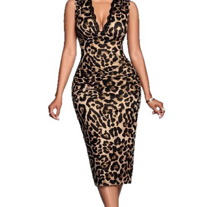 Lace Trim V-Neck Leopard Print Bodycon Dress