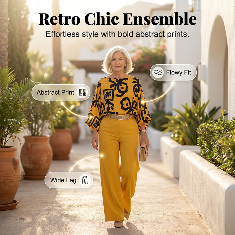 Women's Retro Graphic Print Top & Wide-Leg Pants Set