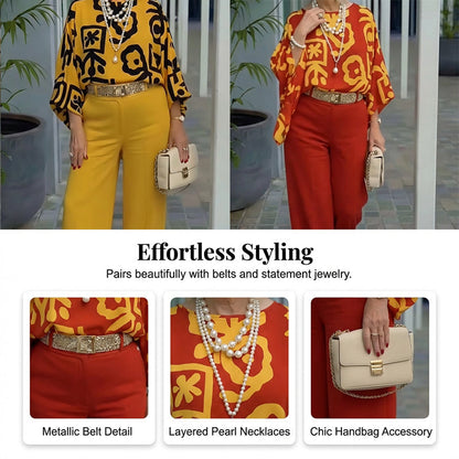 Women's Retro Graphic Print Top & Wide-Leg Pants Set
