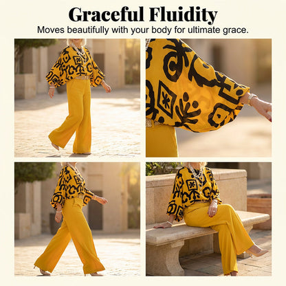 Women's Retro Graphic Print Top & Wide-Leg Pants Set
