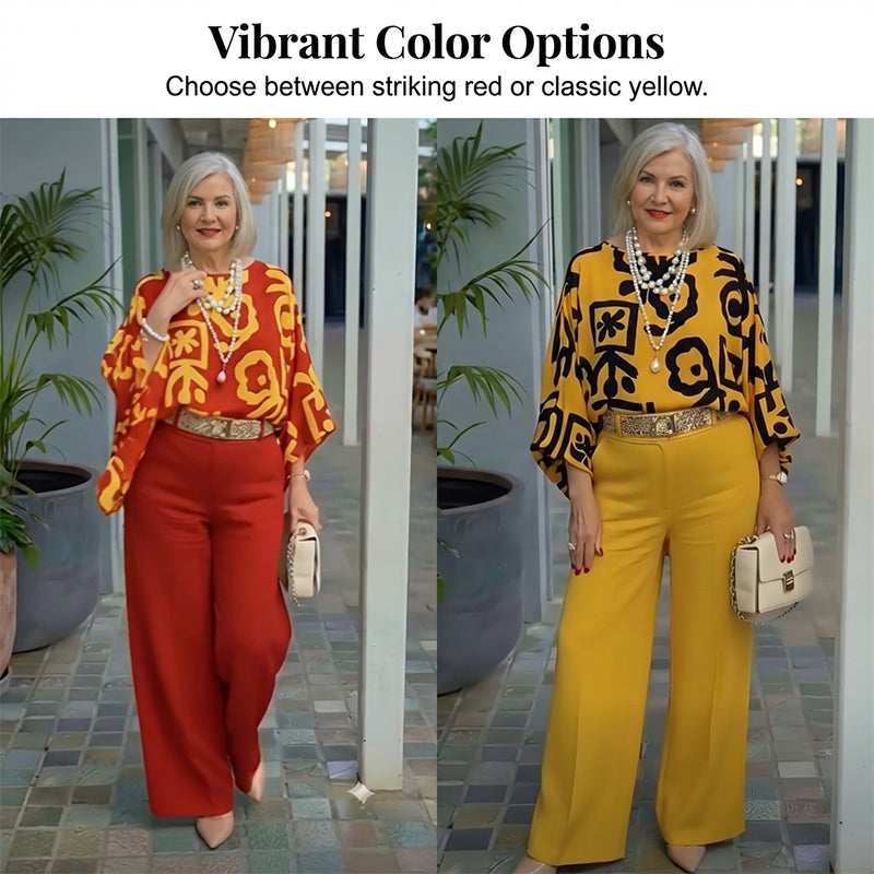 Women's Retro Graphic Print Top & Wide-Leg Pants Set