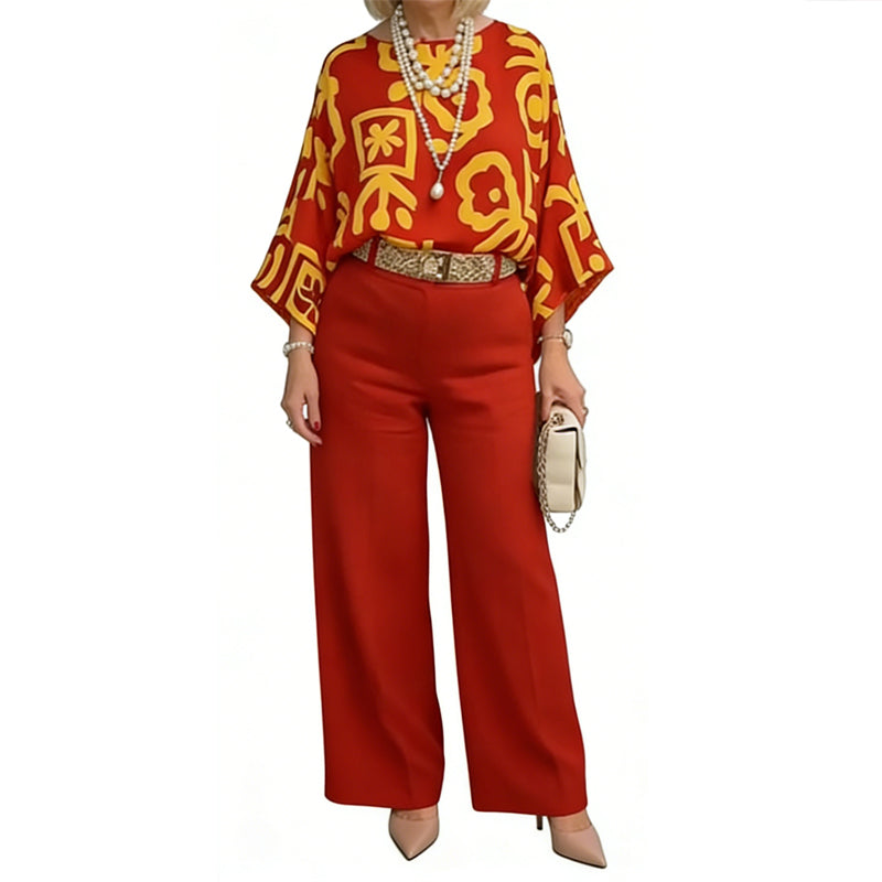 Women's Retro Graphic Print Top & Wide-Leg Pants Set