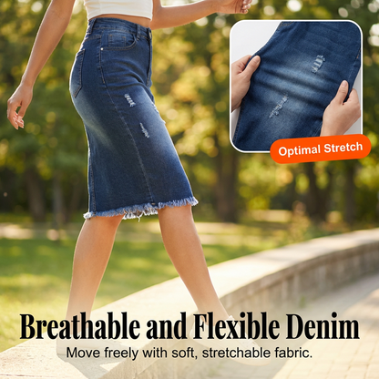 Women's High-Waist Frayed Hem Denim Skirt