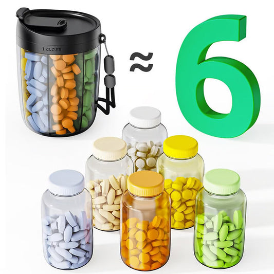 Pill Dispenser Bottle with 6 Compartments