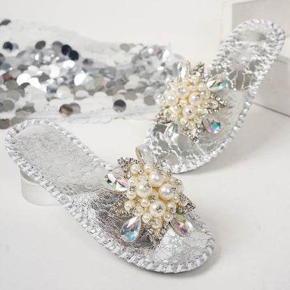 Women's Pearl & Rhinestone Embellished Slide Sandals