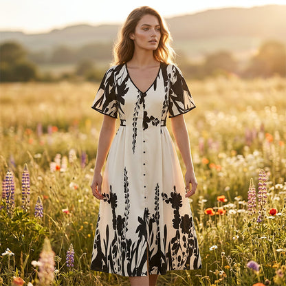 👗 50% OFF NOW! 🌸 Women's Botanical Print Midi Dress – V-Neck, A-Line & Flutter Sleeves 🌿