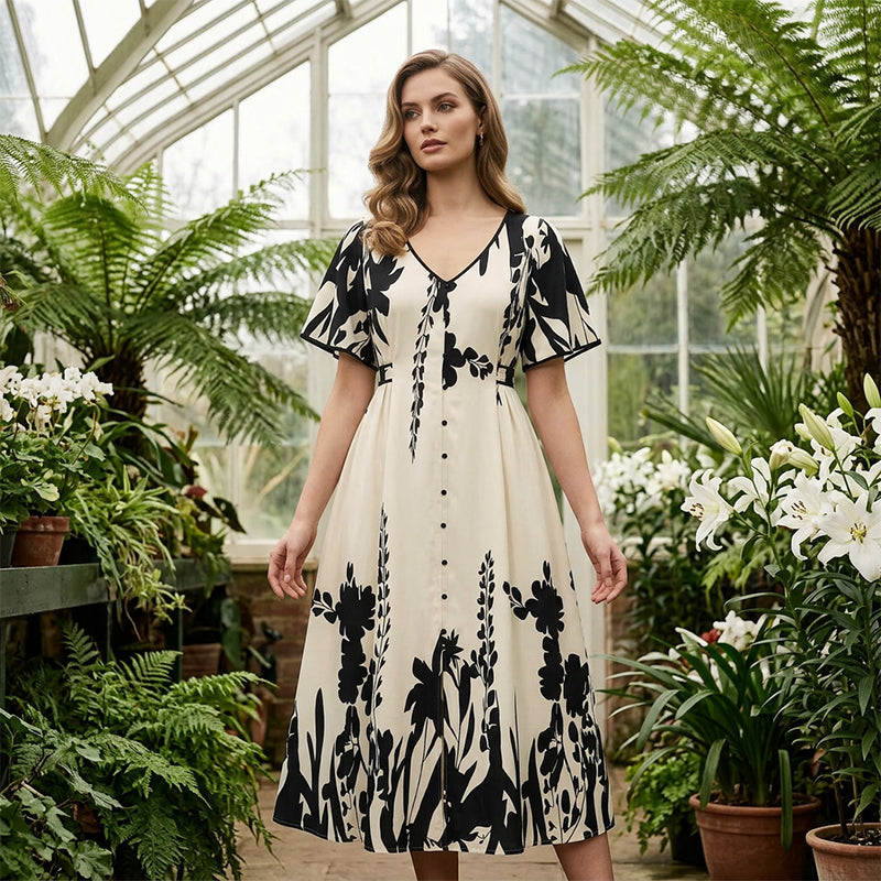 👗 50% OFF NOW! 🌸 Women's Botanical Print Midi Dress – V-Neck, A-Line & Flutter Sleeves 🌿